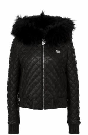 Стеганая кожаная куртка с меховой отделкой Philipp Plein. Цвет: черный