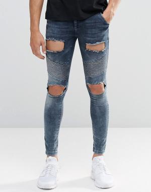 Байкерские джинсы скинни с рваной отделкой SikSilk. Цвет: синий