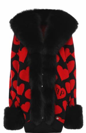 Вязаное пальто с отделкой из меха лисы Philipp Plein. Цвет: красный