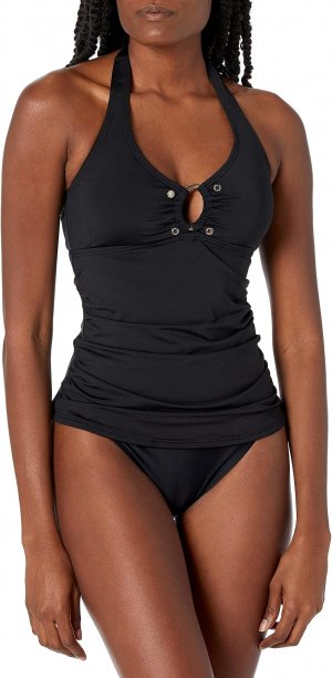 Женский однотонный купальник танкини с лямкой на шее и съемными мягкими чашками , цвет New Black Calvin Klein