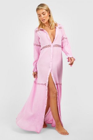 Пляжное платье макси из кружева с кисточками марлевой ткани boohoo, розовый Boohoo