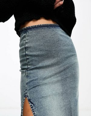 Голубая облегающая джинсовая юбка миди Bershka