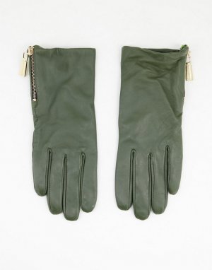 Темно-зеленые кожаные перчатки с застежкой-молнией -Зеленый цвет Paul Costelloe