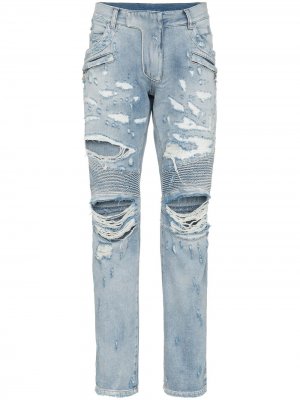 Байкерские джинсы узкого кроя с прорванными деталями Balmain. Цвет: синий