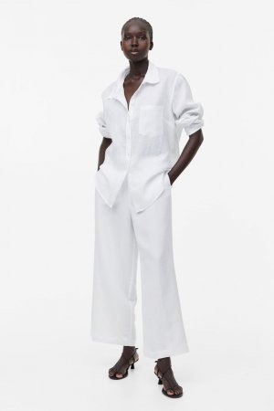 Укороченные брюки из смесового льна , белый H&M