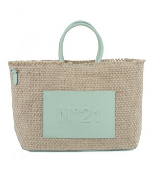 Плетеная сумка № 21. Цвет: бежевый+св.зеленый