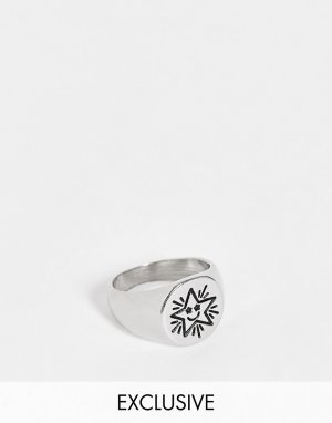 Серебристое кольцо-печатка с дизайном смайлика в виде звезды Inspired-Серебристый Reclaimed Vintage