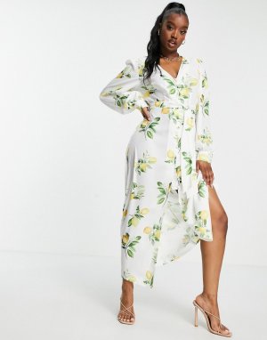Платье миди с декоративными завязками и летним принтом в виде лимонов x Stacey Solomon-Multi In The Style