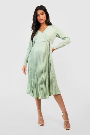 Плиссированное платье миди с запахом для беременных, зеленый Boohoo