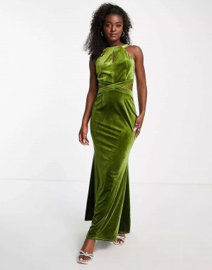 Платье макси из бархата оливково-зеленого цвета с каплевидной деталью Little Mistress