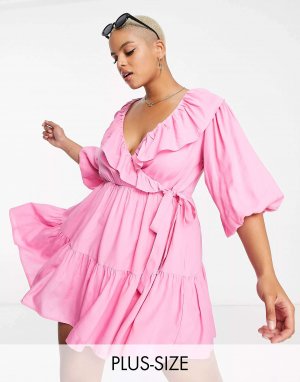 Розовое мини-платье с плиссированной юбкой x Lorna Luxe запахом и оборками на шее In The Style