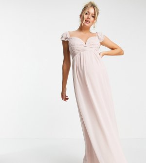 Нежно-розовое платье макси с драпировкой на талии, расклешенными рукавами и декоративной отделкой -Розовый цвет Little Mistress Maternity