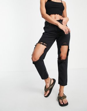 Темно-серые джинсы в винтажном стиле с большими рваными разрезами -Серый Parisian