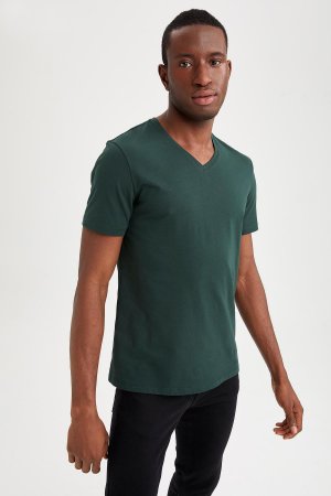 Базовая футболка из 100 % хлопка приталенного кроя с v-образным вырезом, зеленый DeFacto