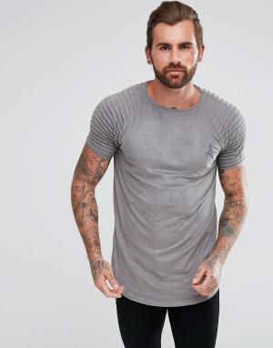 Серая обтягивающая футболка из искусственной замши с отделкой в байкер Aces Couture. Цвет: серый
