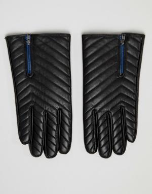 Черные кожаные стеганые перчатки с молнией -Черный ASOS DESIGN