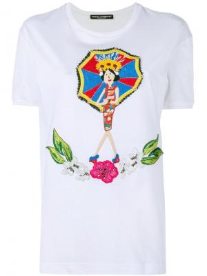 Футболка с вышивкой девушки зонтом Dolce & Gabbana. Цвет: многоцветный