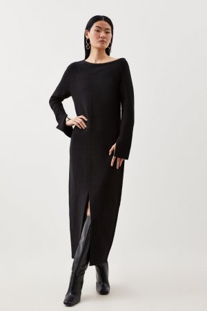 Компактное вязаное платье миди с заниженными плечами и миниатюрными шерстяными принтами , черный Karen Millen