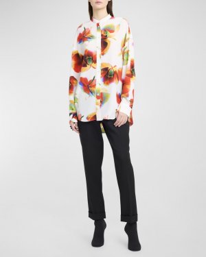 Шелковая блузка с пуговицами спереди и цветочным принтом Alexander McQueen
