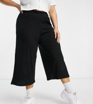 Черные укороченные брюки в рубчик с широкими штанинами -Черный цвет Lasula Plus