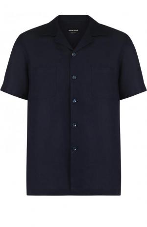 Льняная рубашка с короткими рукавами Giorgio Armani. Цвет: темно-синий