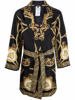 Шелковый халат с принтом Barocco Versace. Цвет: черный