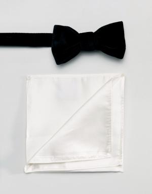 Черный бархатный галстук-бабочка и белый платок для нагрудного кармана Gianni Feraud. Цвет: черный