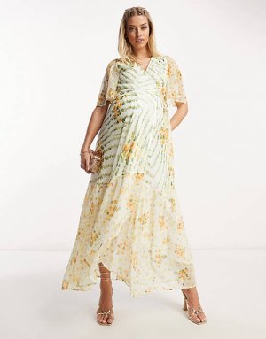 Платье макси с запахом и развевающимися рукавами Maternity Контрастное зеленое цветочным принтом Hope & Ivy