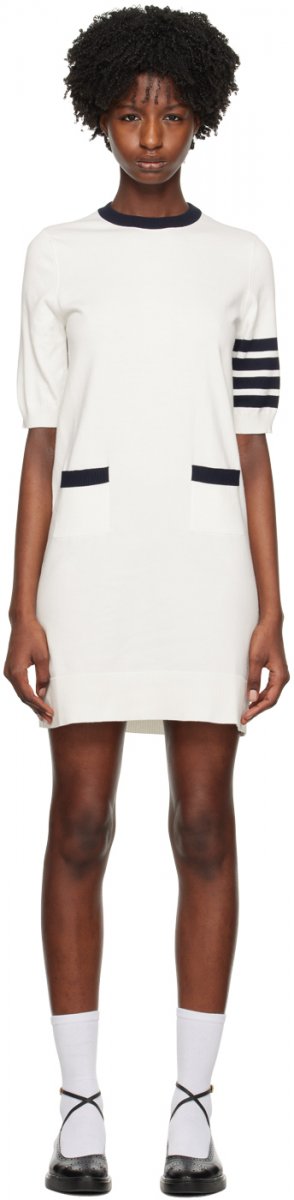 Белое мини-платье с 4 полосками Thom Browne