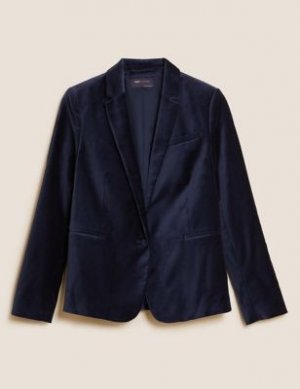 Бархатный приталенный однобортный пиджак, Marks&Spencer Marks & Spencer. Цвет: темно-синий