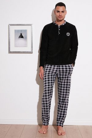 Зимний флисовый пижамный комплект с круглым вырезом и пуговицами в клетку стандартного кроя 60961002, черный Buratti