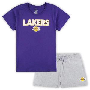 Женский комбинированный комплект из футболки и шорт размера плюс с фирменным логотипом фиолетового/серого цвета Los Angeles Lakers Fanatics