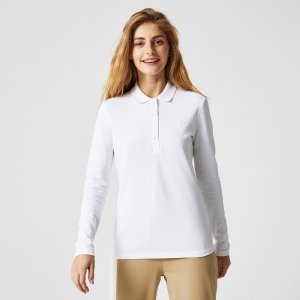 Поло Женская приталенная рубашка-поло из эластичного хлопка Lacoste. Цвет: белый