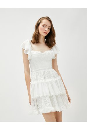 Свадебное многослойное мини-платье с кружевной отделкой , экрю Koton