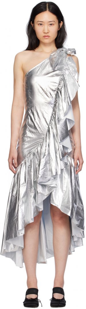 Серебряное платье-миди с оборками Mm6 Maison Margiela
