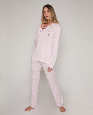 Женская пижама с длинными рукавами, V-образным вырезом и бельевым кружевом. , розовый Admas