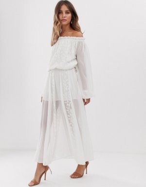 Кремовое кружевное платье миди с открытыми плечами -Кремовый White Sand