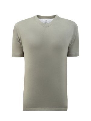 Однотонная футболка из хлопка и льна с V-образным вырезом BRUNELLO CUCINELLI. Цвет: зеленый
