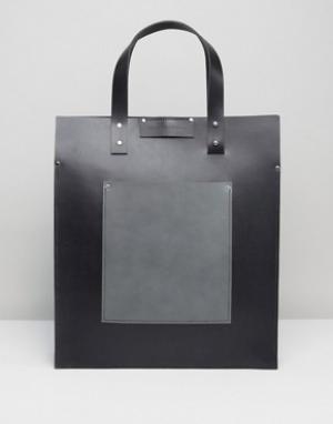 Черная сумка-тоут с серым контрастным накладным карманом Leather Satch Satchel Company. Цвет: черный