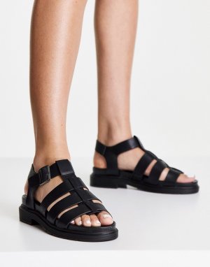 Черные сандалии на плоской толстой подошве с ремешками -Черный цвет New Look