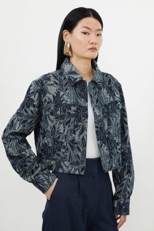 Джинсовая жаккардовая куртка с цветочным принтом , синий Karen Millen