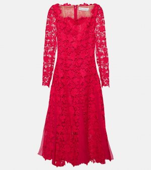 Платье миди из гипюрового кружева с цветочным принтом Oscar De La Renta, розовый Renta