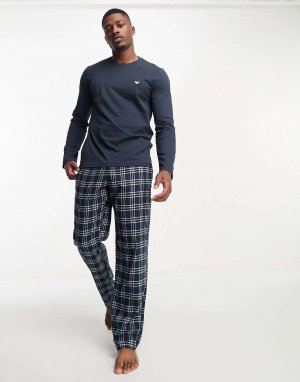 Темно-синий пижамный комплект Bodywear, топ с длинными рукавами и брюки в клетку Emporio Armani