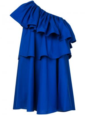 Платье на одно плечо с оборками Co-Mun. Цвет: синий