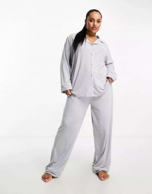Пижамный комплект из мягкой трикотажной рубашки с длинными рукавами и брюками ASOS DESIGN Curve контрастной окантовкой серого цвета