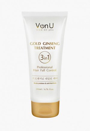 Маска для волос Von U от перхоти, питательная, стимулирующая рост, против выпадения корейская с женьшенем сухих и поврежденных / Ginsing Gold Treatment 200 мл. Цвет: белый