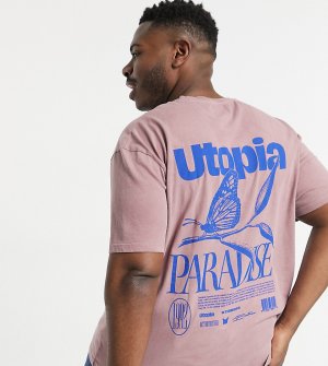 Розовая футболка с надписью Utopia и принтом бабочки спереди на спине Big & Tall-Розовый цвет Topman
