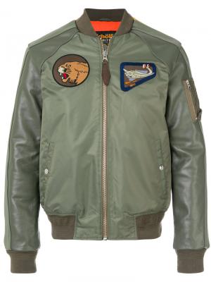 Куртка-бомбер с заплатками Schott. Цвет: зеленый