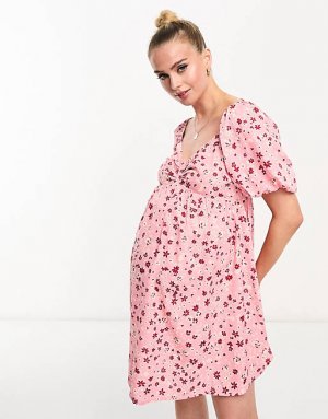 Розовое мини-платье с пышными рукавами и цветочным принтом Wednesday's Girl Maternity Wednesday's