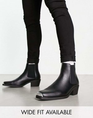 Черные ботинки челси в стиле вестерн на кубинском каблуке DESIGN из искусственной кожи с металлической фурнитурой Asos